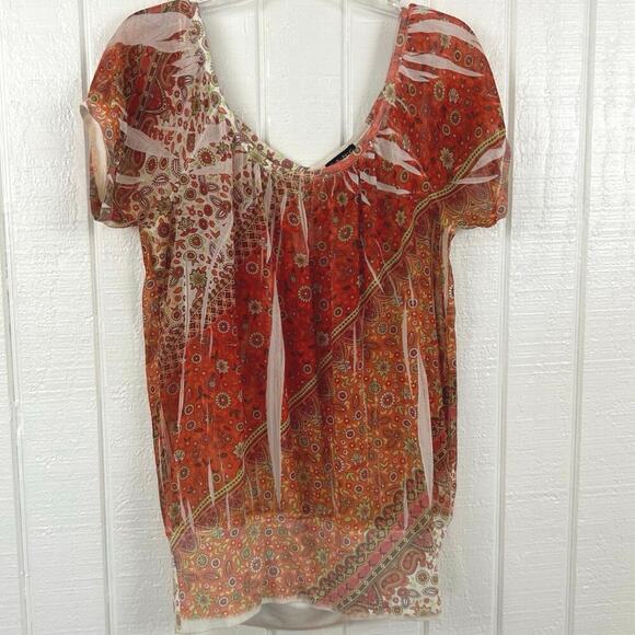 Fang Women Y2K Short Sleeve Sheer Peasant Top Boho Colorful Orange Red Large - Picture 5 of 8